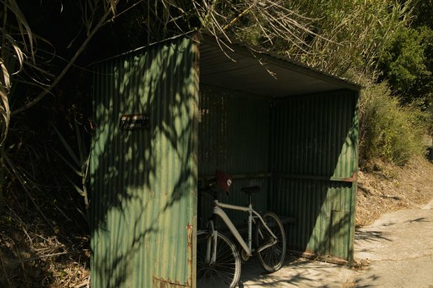 A green corrugated metal bus stop sheltering a bicycle on a sunny summer day.