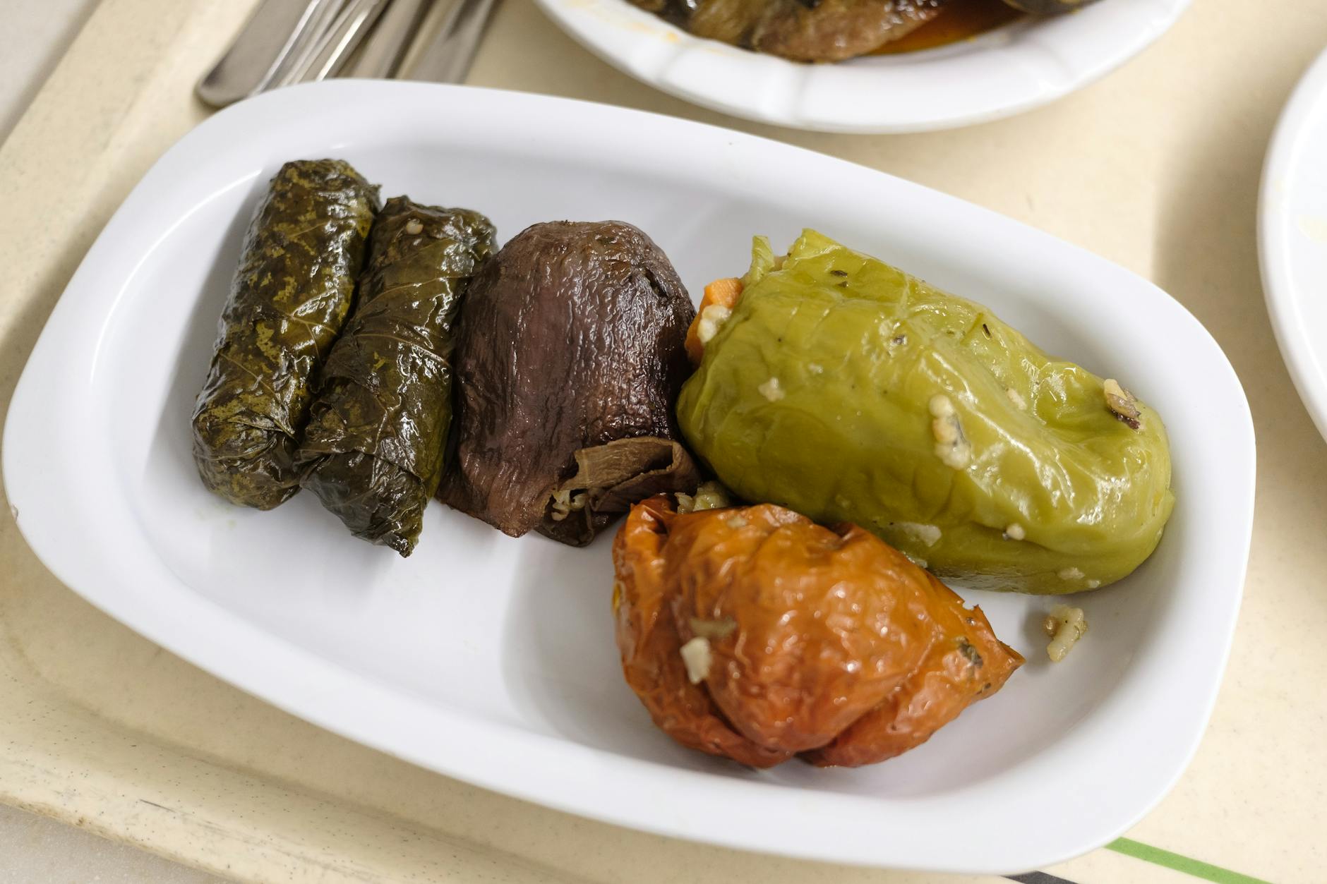 A gourmet platter of dolma, stuffed peppers, and eggplant, perfect for international cuisine lovers.