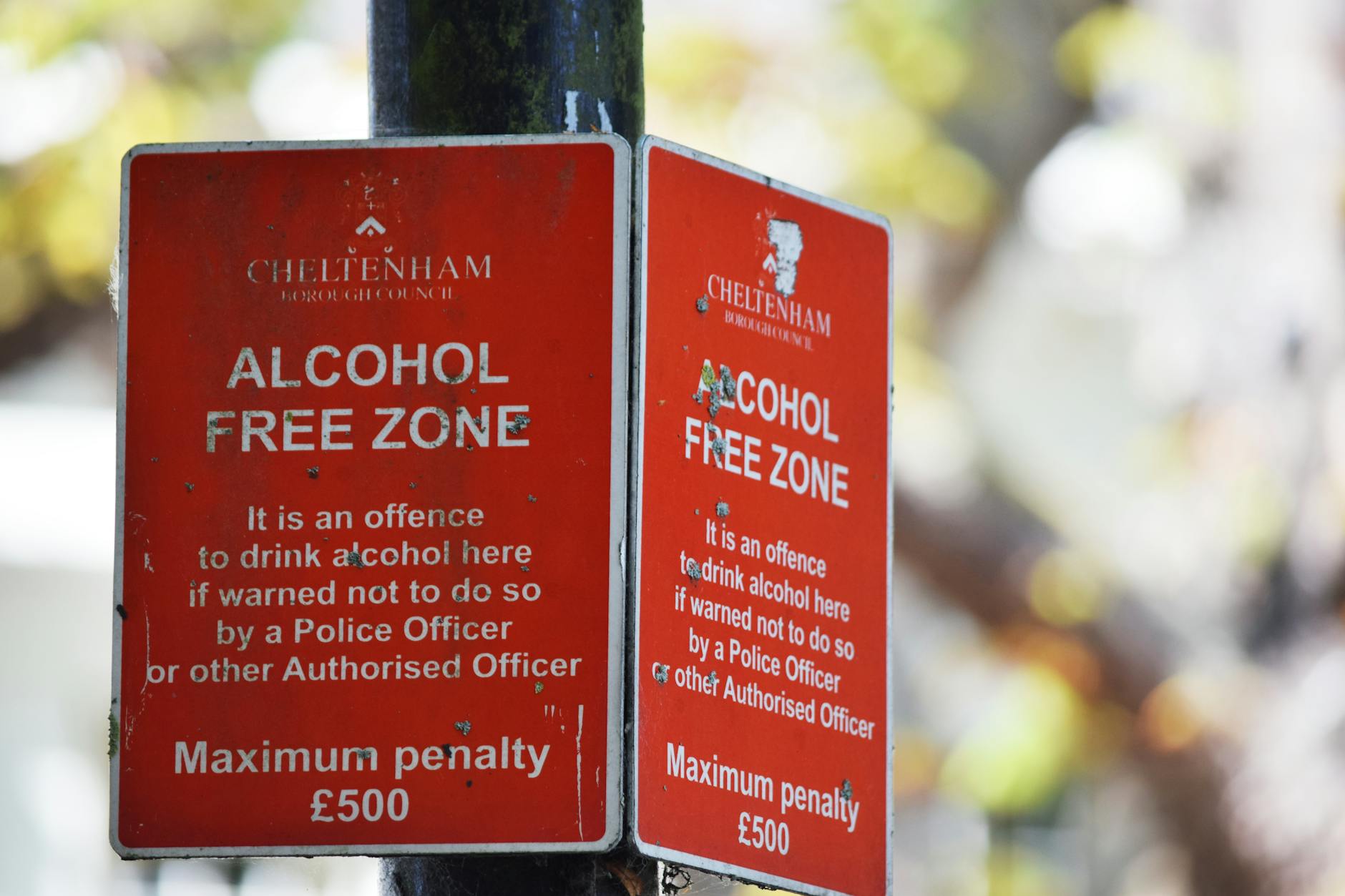 Close-up of red Cheltenham alcohol-free zone sign with maximum penalty warning.