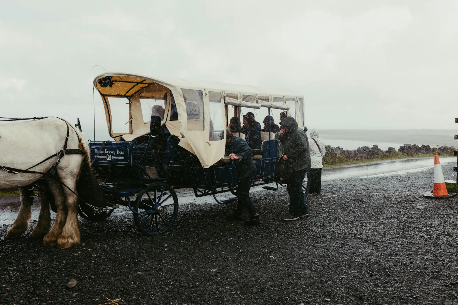 Horse-drawn carriage tour in rainy County Galway, Ireland, showcasing Irish landscape.