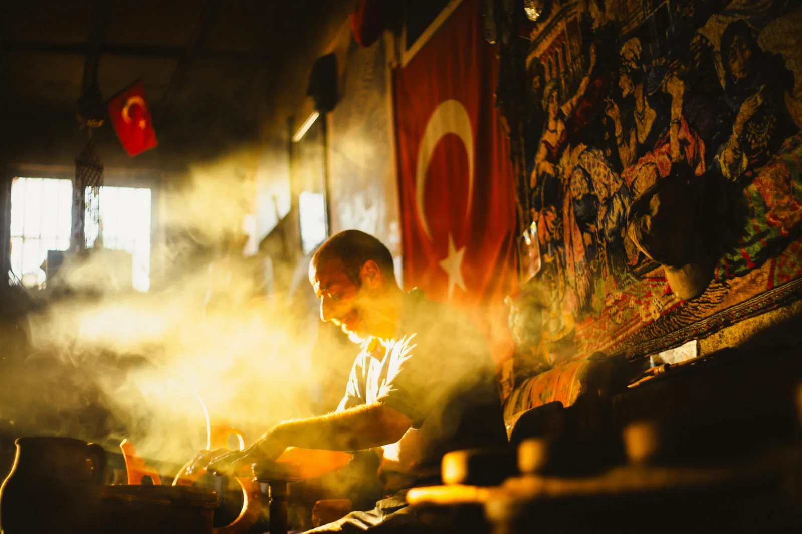 A craftsman works in a sunlit workshop in Türkiye, adding a warm, traditional vibe.