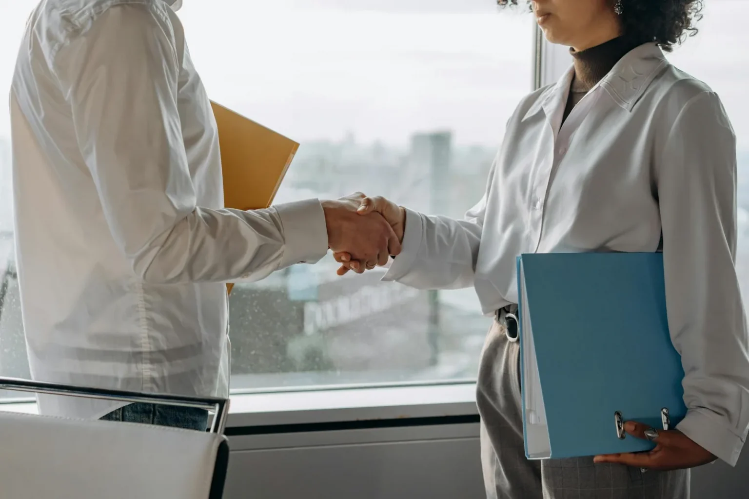 Two professionals in business attire shaking hands in an office setting with view.