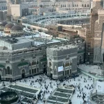 A stunning aerial view of the Masjid al-Haram, capturing the bustling courtyard in Mecca, Saudi Arabia.