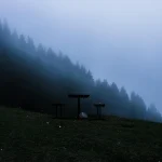 Foggy forest scene with a picnic table on a grassy hill in Kümbet, Turkey.