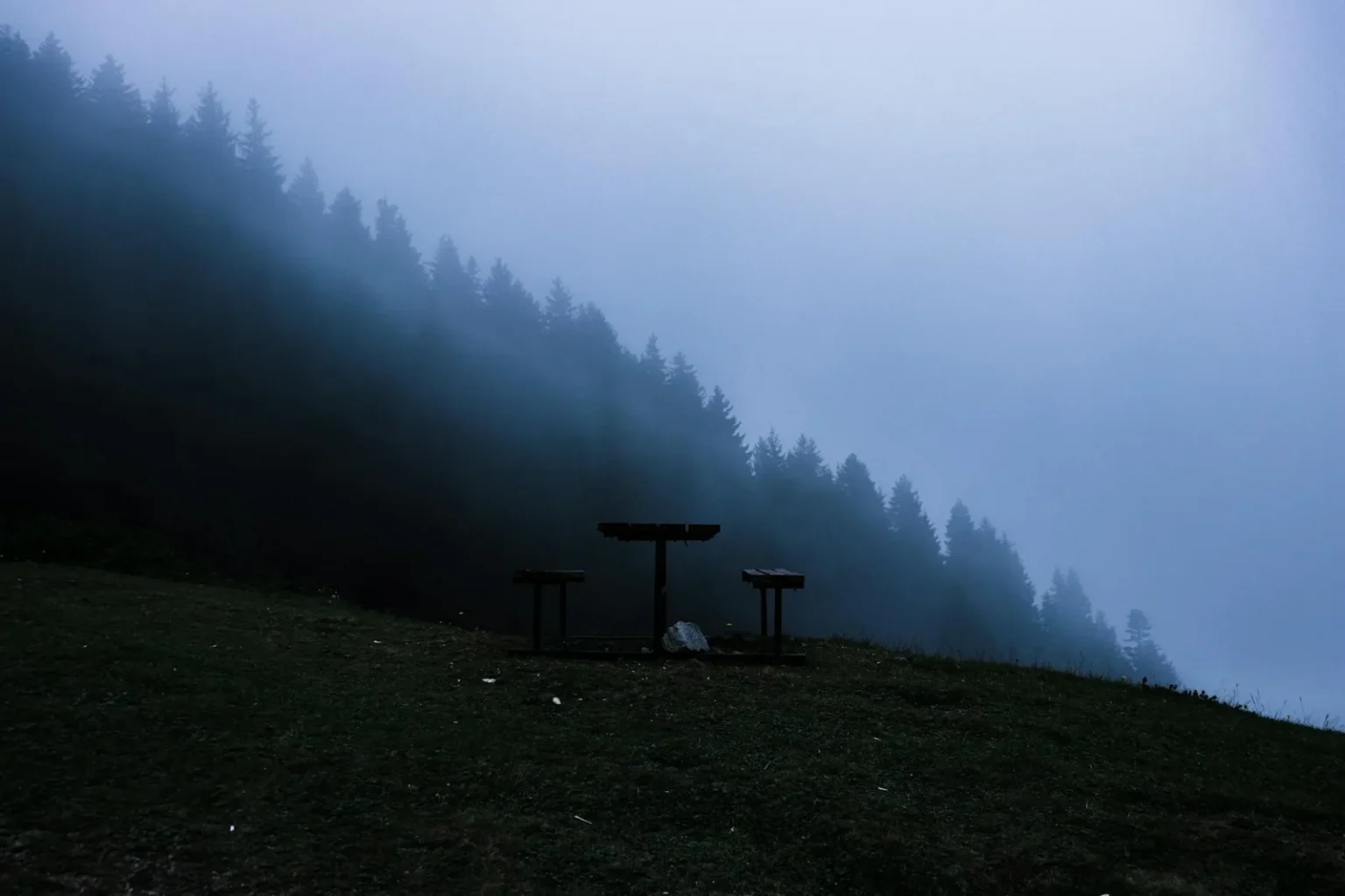 Foggy forest scene with a picnic table on a grassy hill in Kümbet, Turkey.