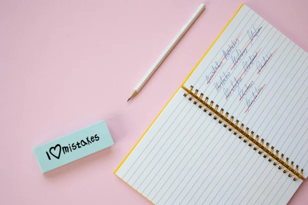 Flat lay of a spiral notebook and eraser on a pastel pink background with crossed out words.