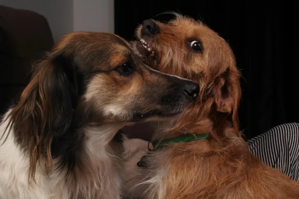 Close-up of two dogs playing indoors, showcasing furry animals and their playful interaction.