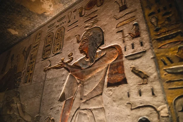 Detailed view of an ancient Egyptian wall carving with hieroglyphics, showcasing historical art.