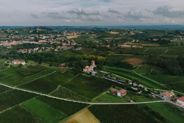 Breathtaking aerial view of the lush vineyards and countryside of Costigliole d'Asti, Piedmont, Italy.
