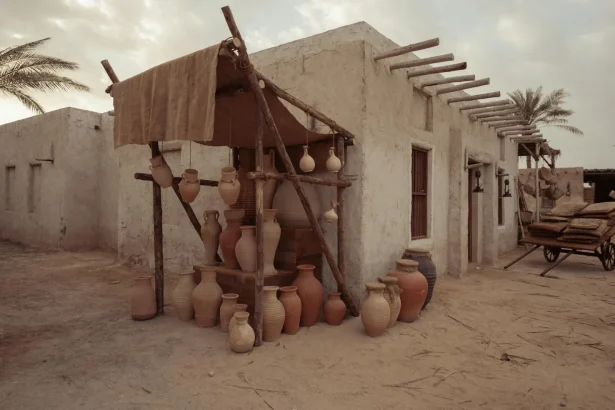 Rustic desert village scene with pottery on display in an adobe building setting.