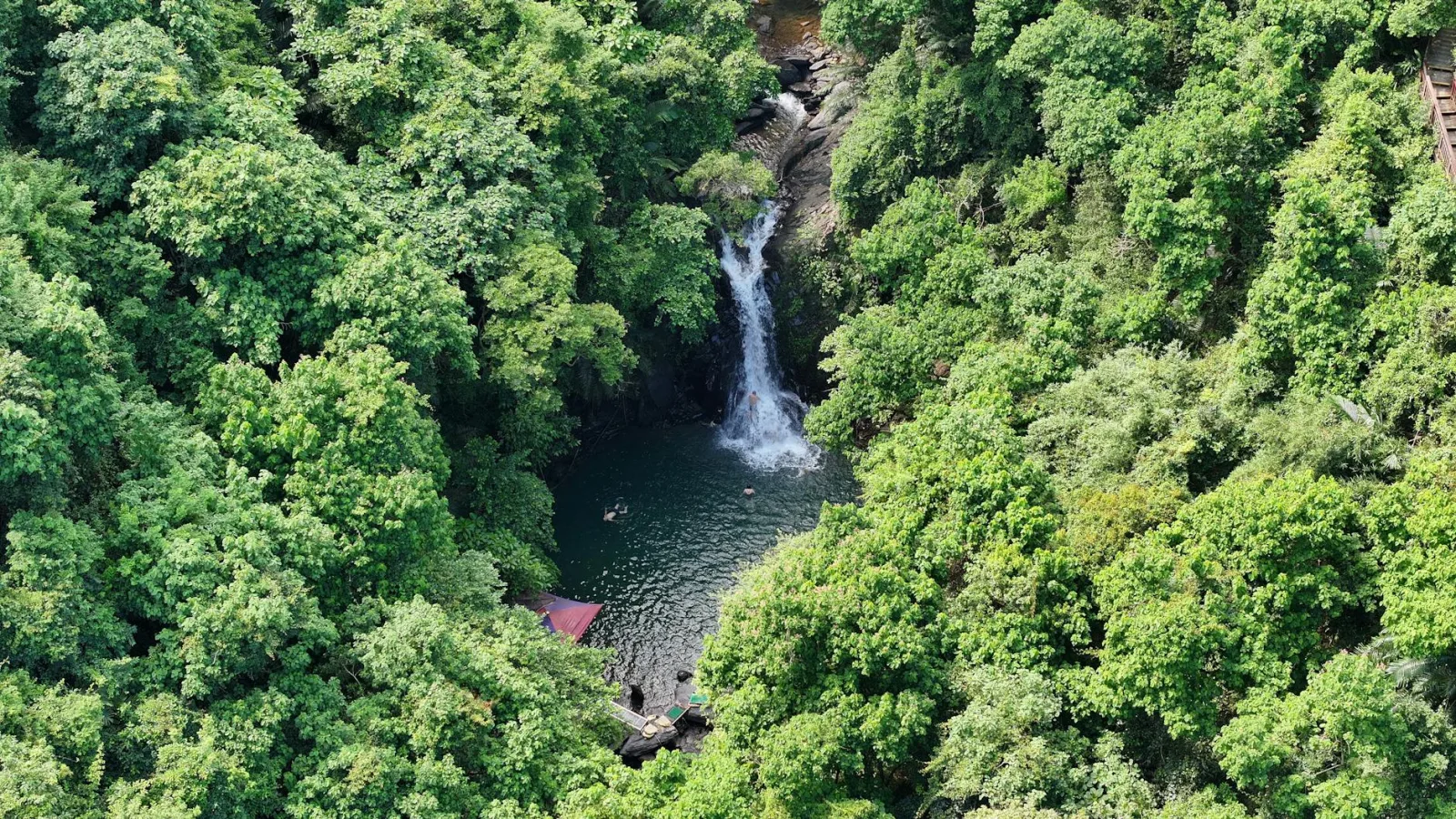 A picturesque aerial view of a waterfall surrounded by dense green forest and visible swimmers.