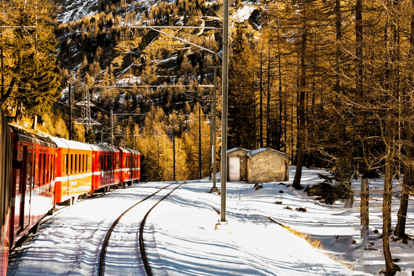 A vibrant red train travels through the snowy forested landscape of the Italian Alps in winter.