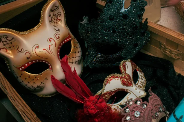 Close-up of ornate Venetian masquerade masks with vibrant details.