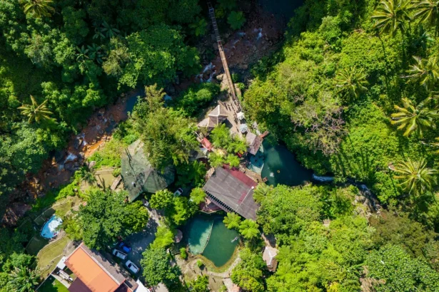 Experience the vibrant greenery and rustic architecture of a tropical resort in Cebu City from above.