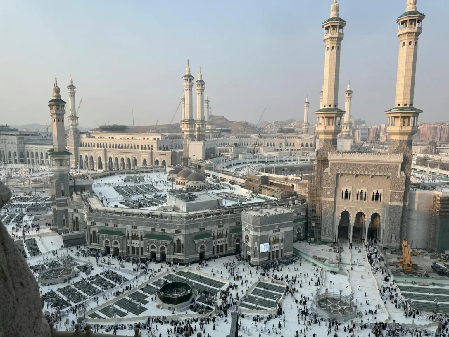 Breathtaking aerial view of Masjid al-Haram and the Kaaba in Mecca, Saudi Arabia.