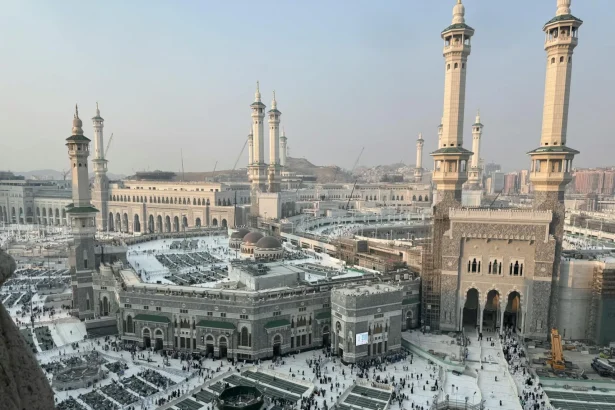 Breathtaking aerial view of Masjid al-Haram and the Kaaba in Mecca, Saudi Arabia.