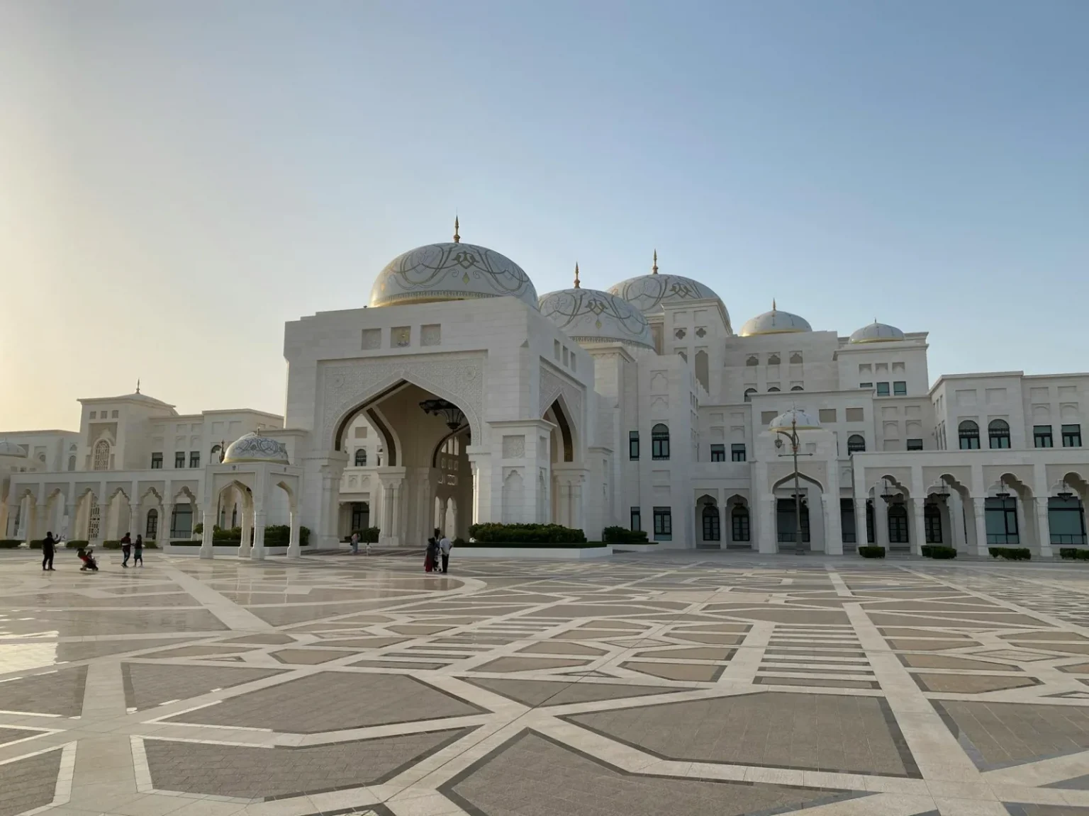 Stunning view of Qasr Al Watan, a majestic cultural landmark in Abu Dhabi during sunset.