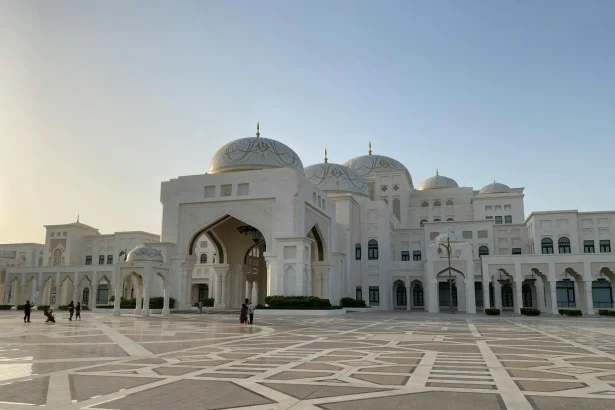 Stunning view of Qasr Al Watan, a majestic cultural landmark in Abu Dhabi during sunset.