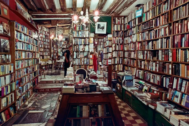 Explore a vintage bookshop in Paris filled with towering bookshelves and cozy reading corners.