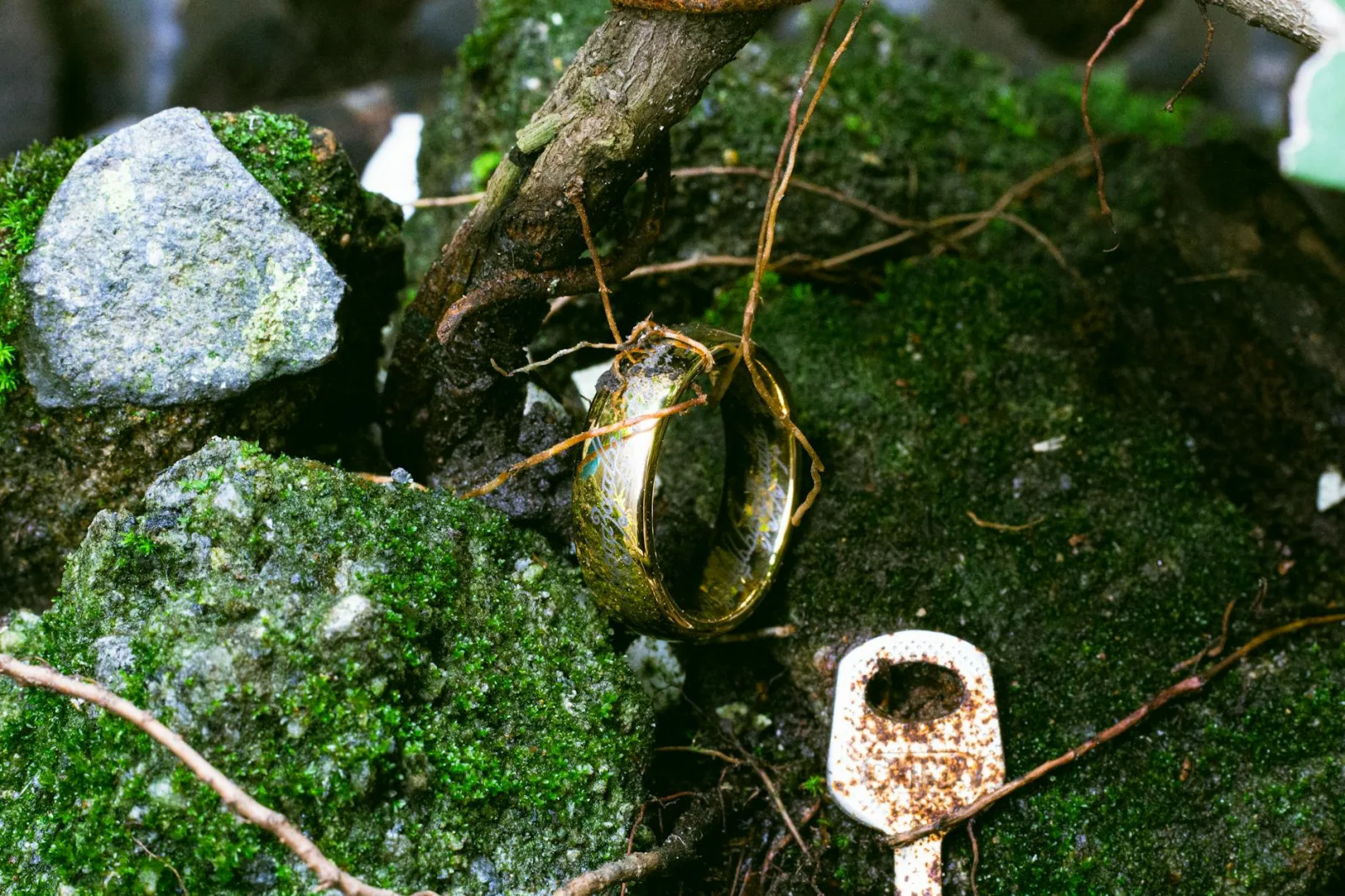 A close-up of a golden ring nestled among moss-covered rocks and twigs in an outdoor forest setting.