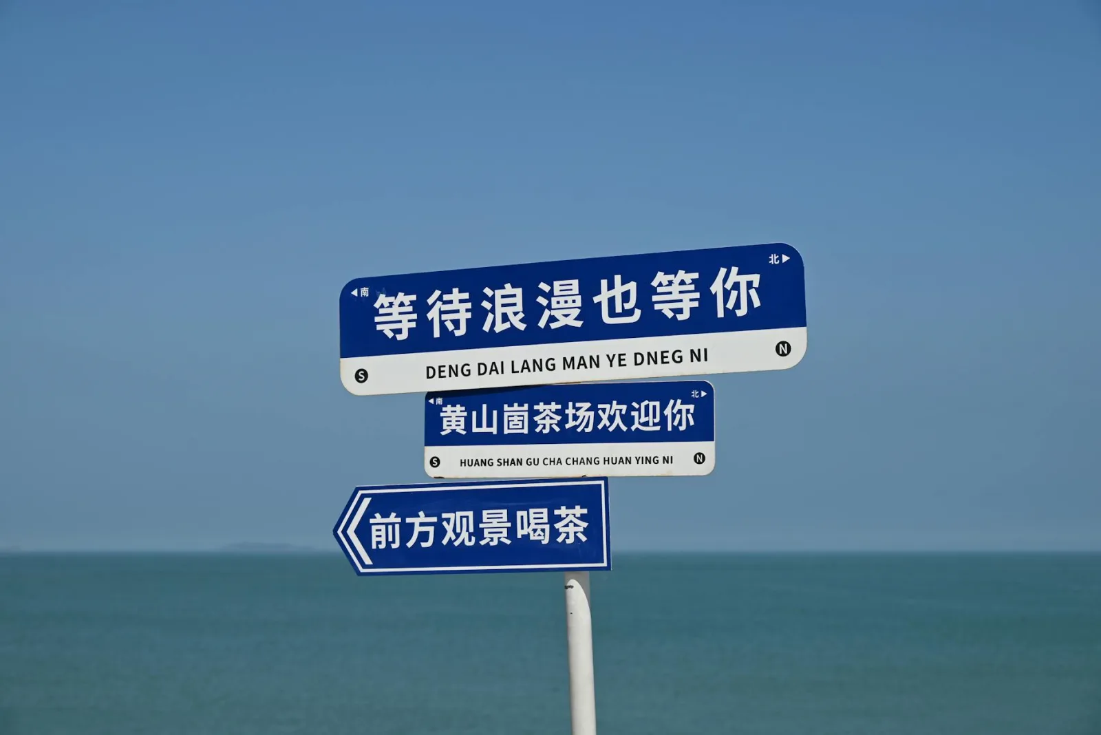 Blue and white signs by the sea, guiding travelers with a clear sky backdrop.