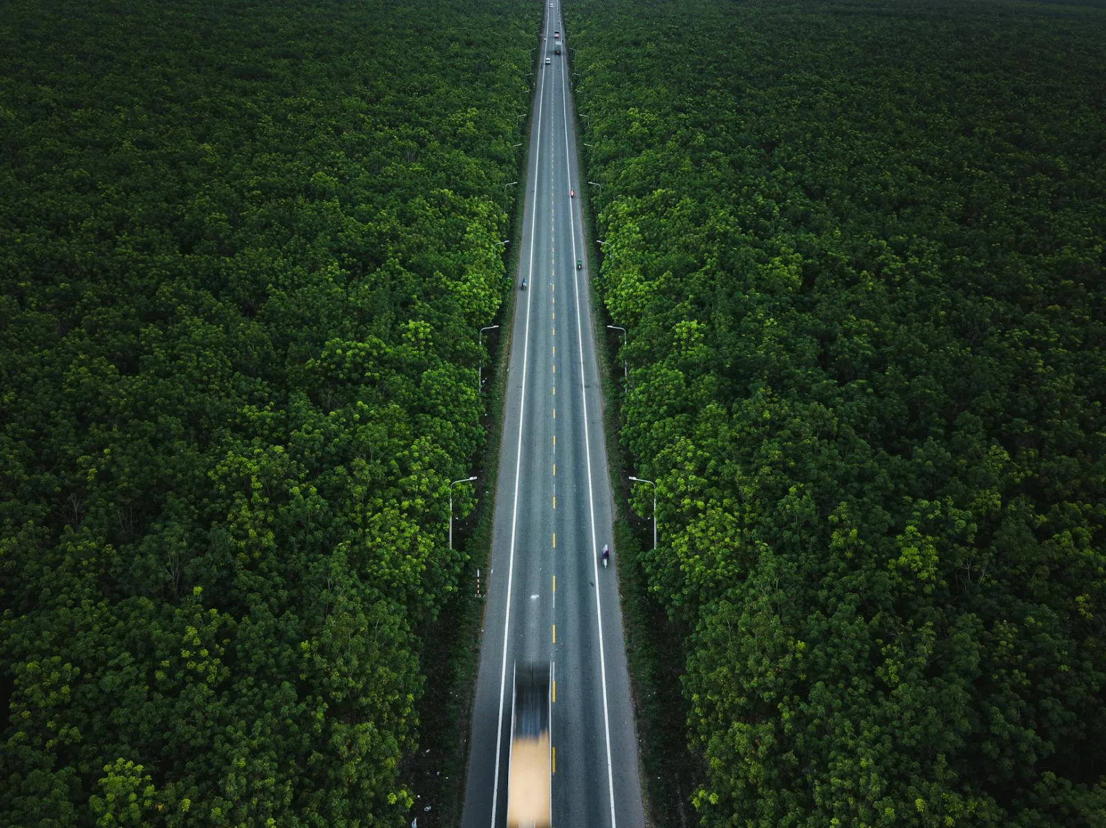 Captivating aerial shot of a highway cutting through dense forest in Vietnam, showcasing transportation amidst nature.
