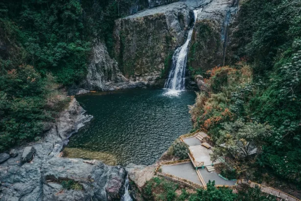 A breathtaking aerial view of a waterfall and forest pool in Jarabacoa, Dominican Republic.