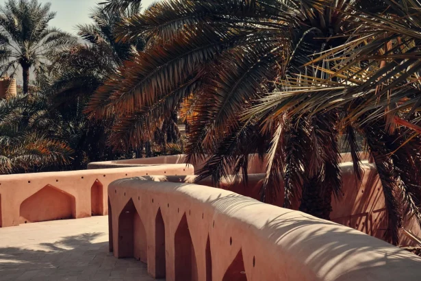Serene Omani palm grove with traditional architecture, bathed in warm sunlight.