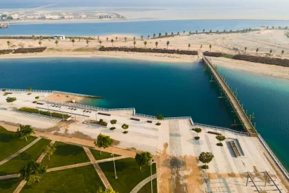 Aerial shot of the picturesque Al Jubail waterfront promenade in Saudi Arabia.