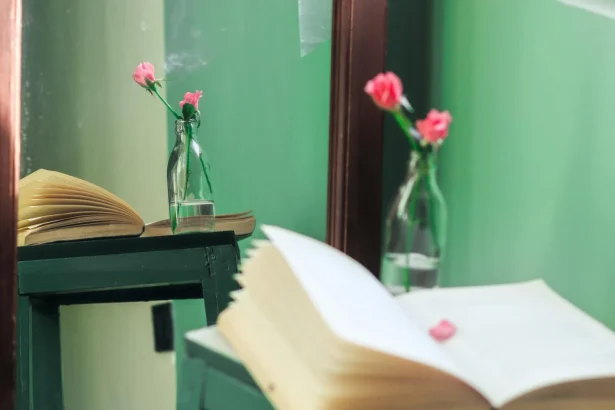 A peaceful reading area with open books and pink flowers reflecting in a mirror.
