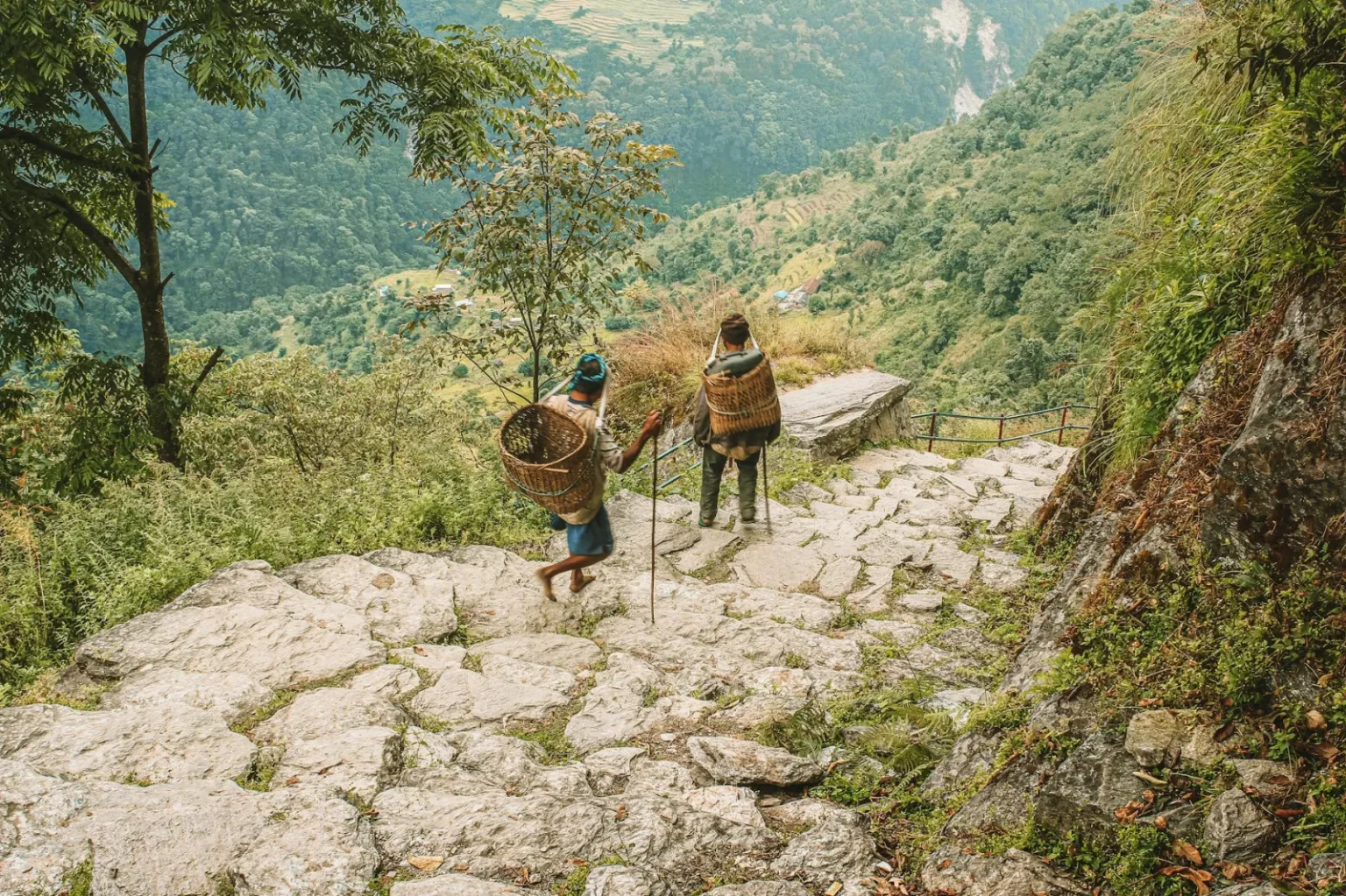 Two people carrying woven baskets hike down a stone path in Ghode Pani, Nepal.