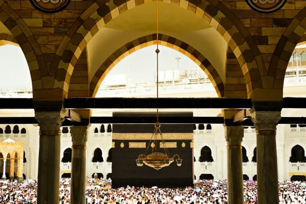 A crowded scene at the Kaaba within the Grand Mosque in Mecca, Saudi Arabia, during daytime.
