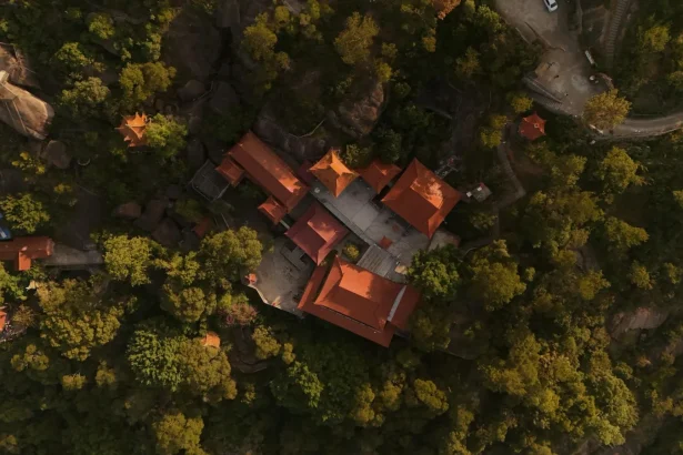 Aerial shot of a temple with red roofs surrounded by dense forest on a hilltop.