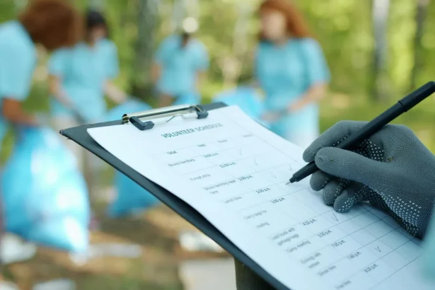 Volunteers working together on an outdoor cleanup project, checking schedule.