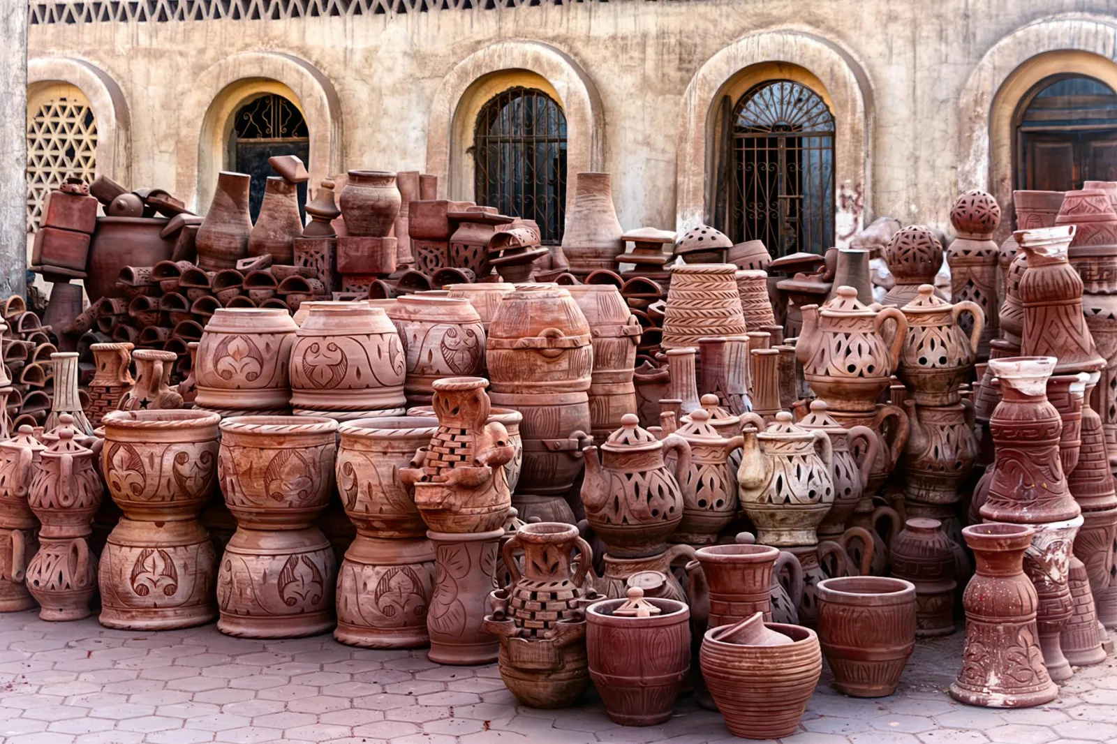 A diverse collection of traditional handmade pottery displayed outdoors, showcasing various styles and craftsmanship.