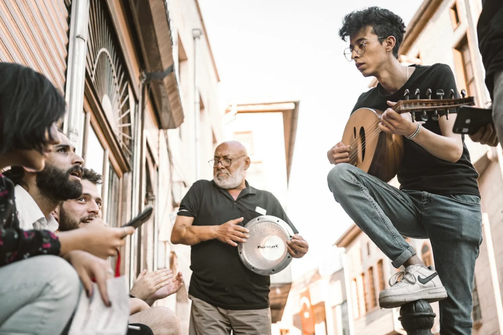 Street musicians playing traditional instruments in Gaziantep, Turkey.