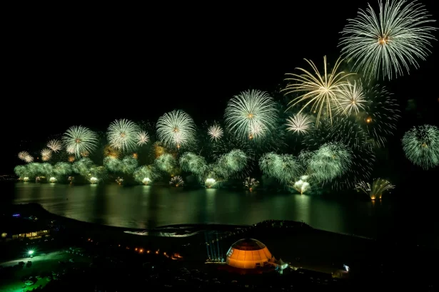 Stunning aerial view of a vibrant fireworks show over the waters of Ras Al Khaimah, UAE, illuminating the night sky.