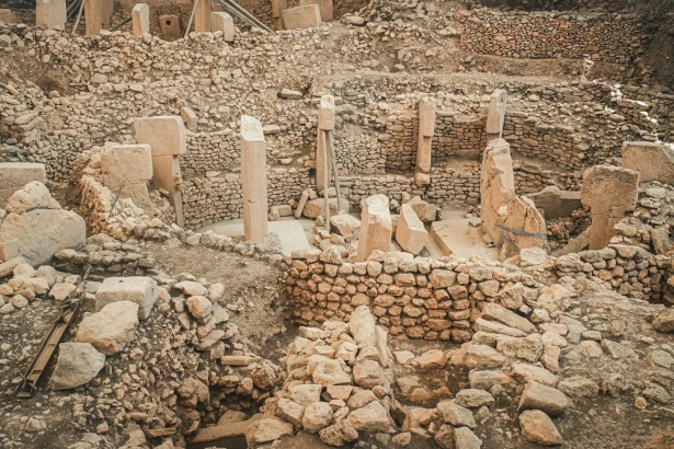 Aerial view of an ancient archaeological site featuring stone structures and pillars.