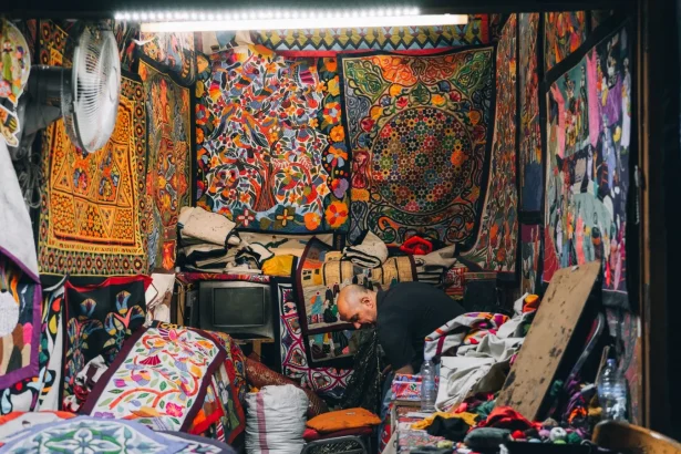 Vibrant textile shop in Cairo, showcasing colorful patterns and traditional crafts.