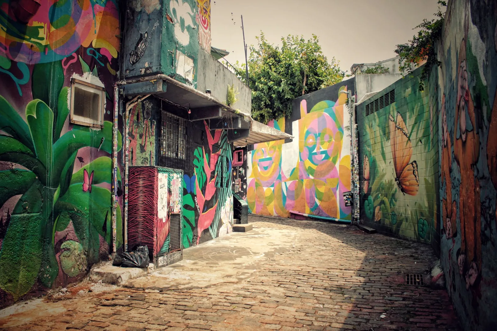 Colorful murals fill an alley in São Paulo, showcasing vibrant Brazilian street art.