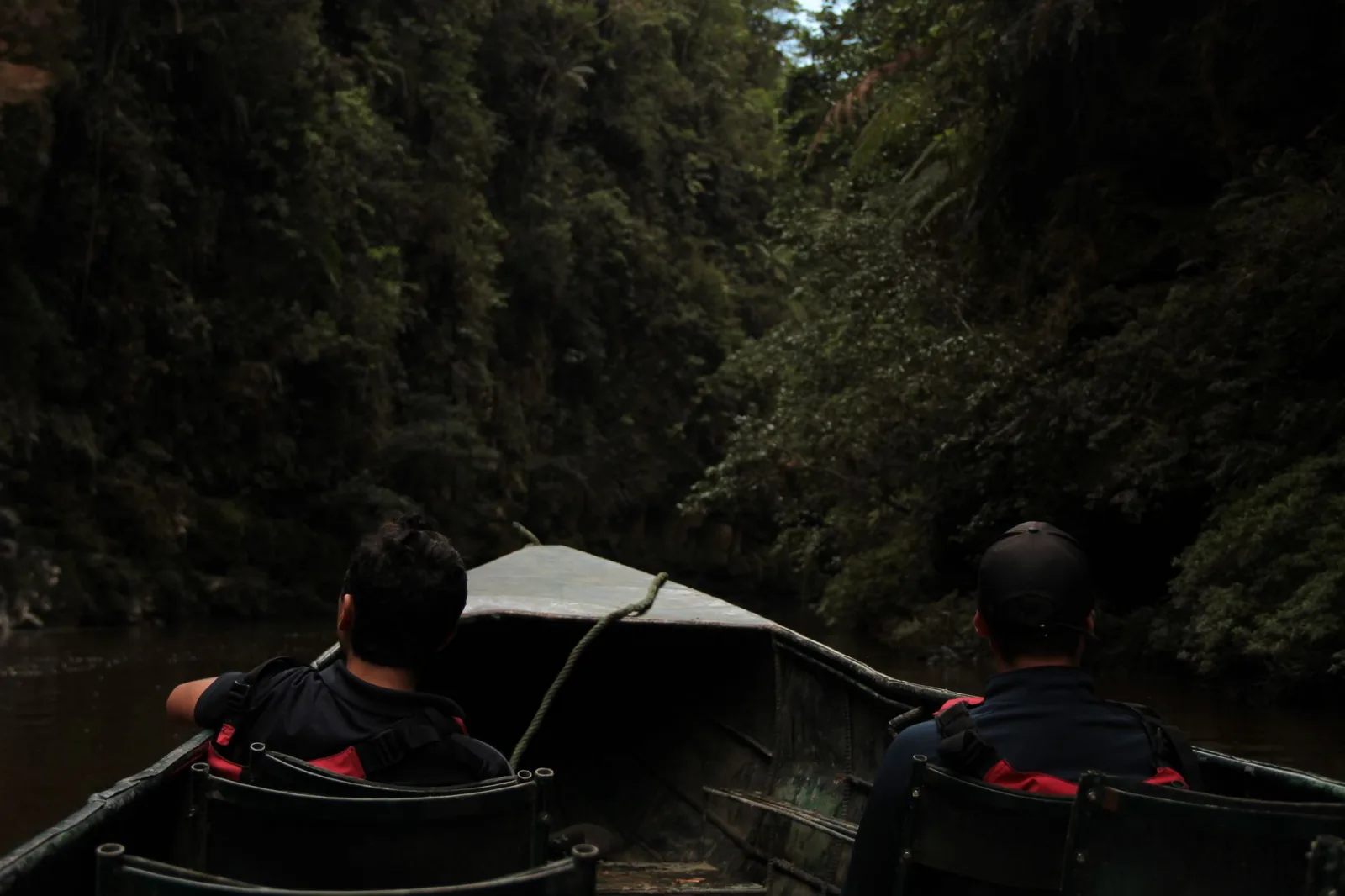 Two men boating through a lush forest river, capturing adventure and tranquility.