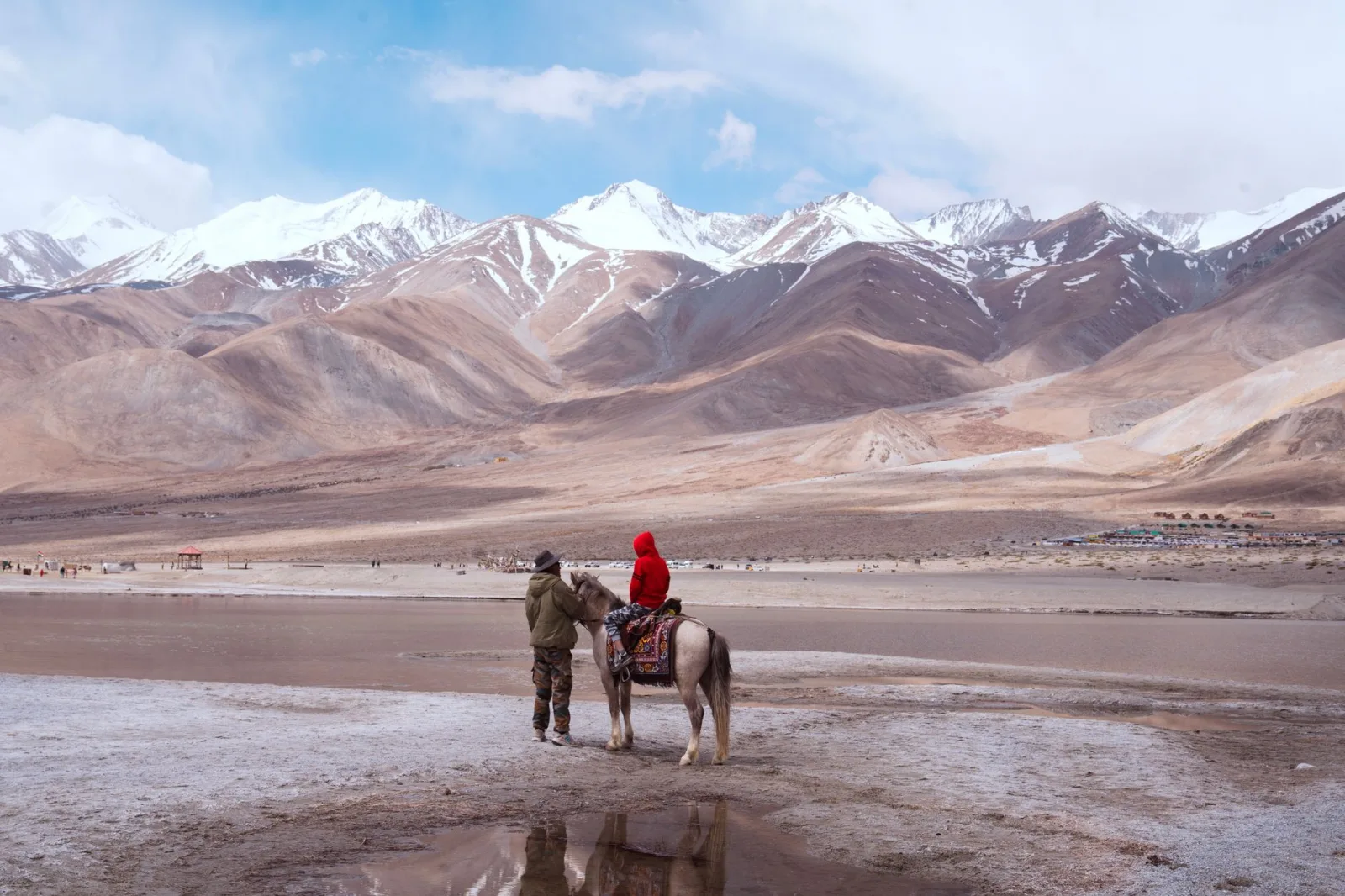 A serene moment captured at Pangong Lake, Ladakh, featuring horseback riding by snow-capped mountains.