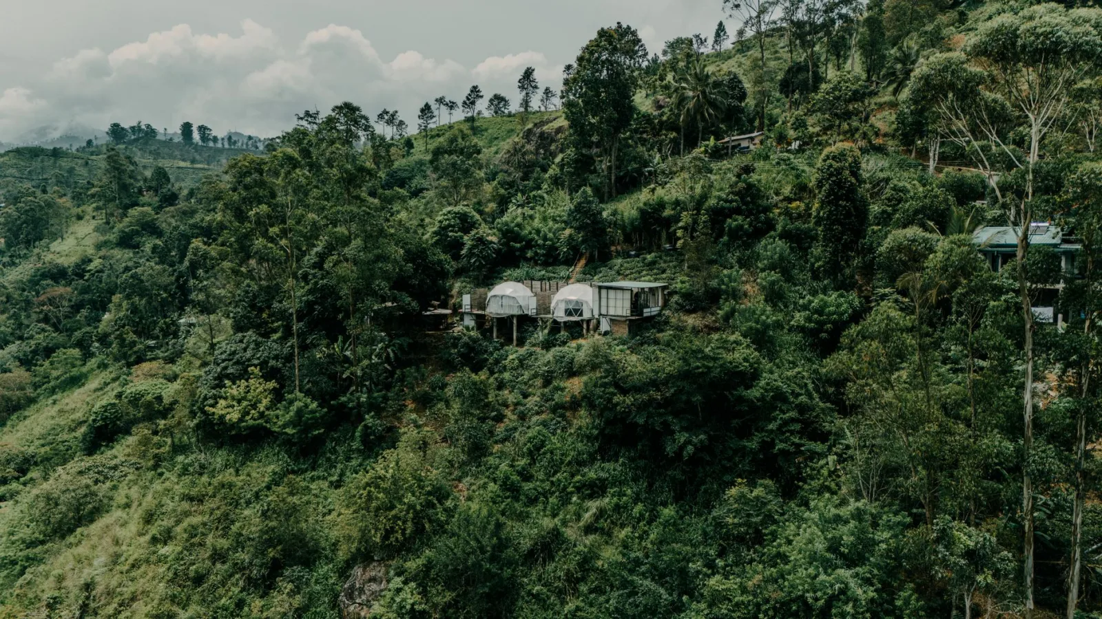 Explore the lush greenery and serene atmosphere of the Sri Lankan mountains with this breathtaking aerial view.