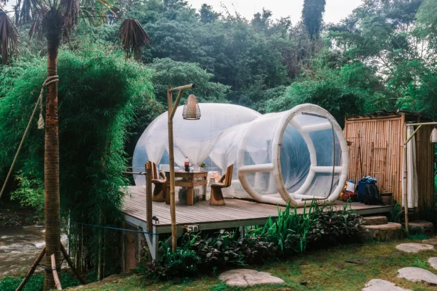 Cozy transparent bubble tent located on wooden platform near dining table in tropical forest