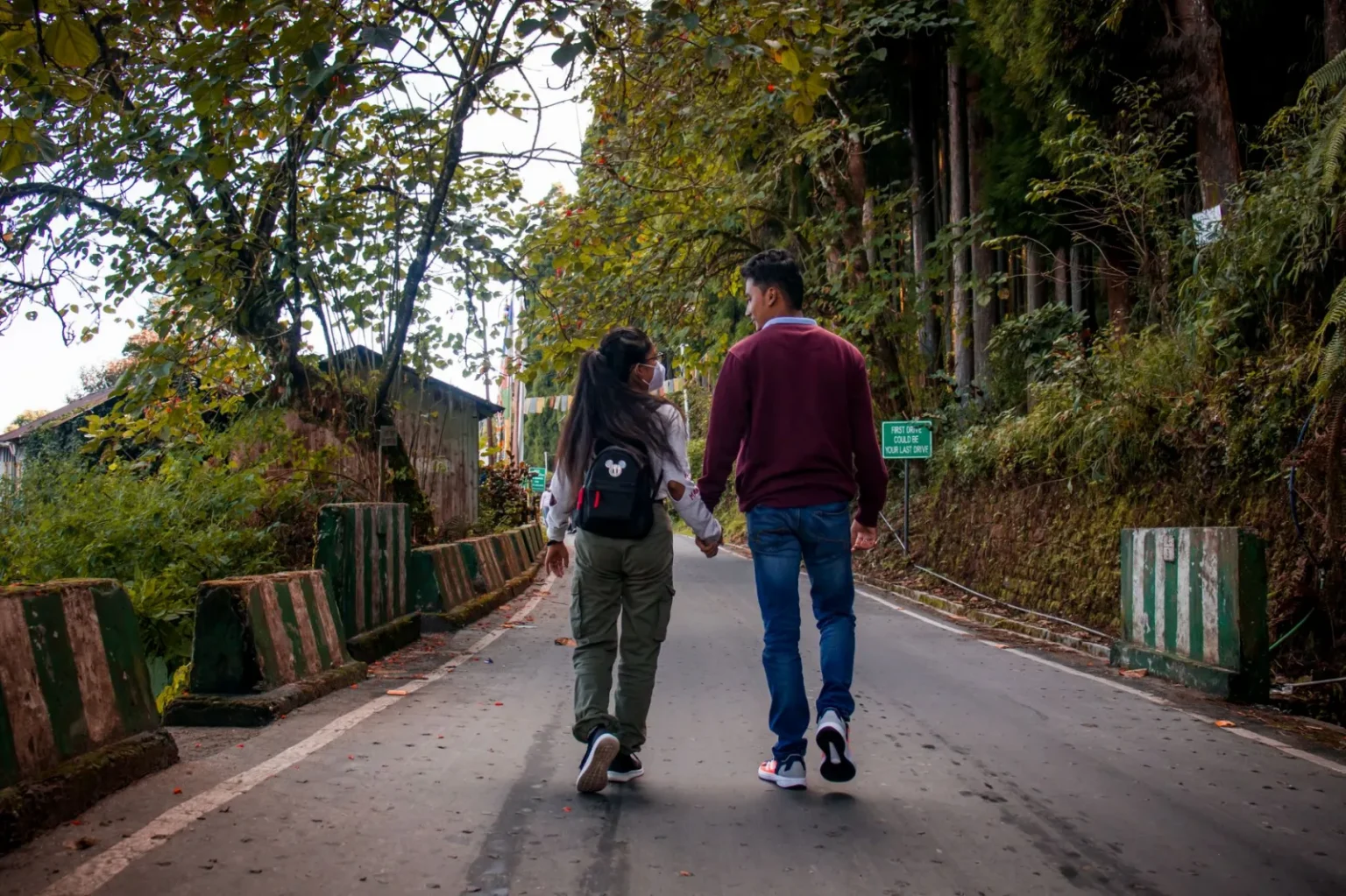 A couple holding hands, walking down a scenic forest road in autumn.