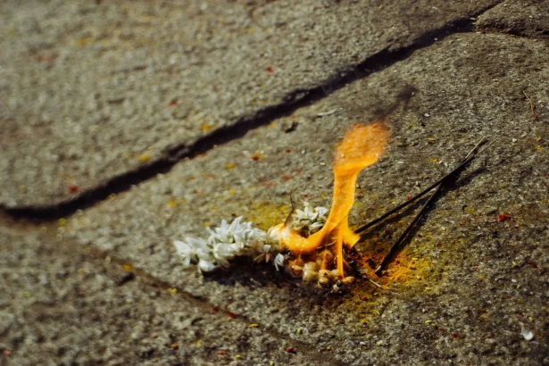 Oriental aroma religious incense sticks burning on shabby stone ground in Asian country