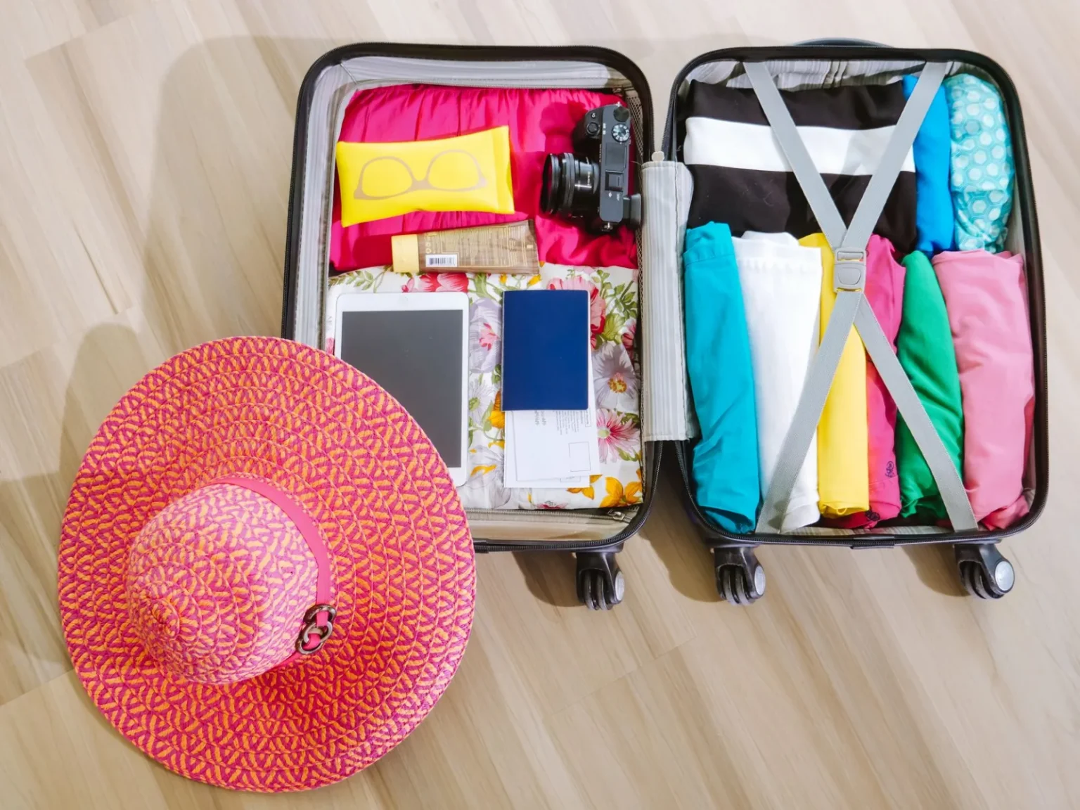 Top view of a suitcase packed with clothes, a camera, and a sun hat, ready for summer travel.