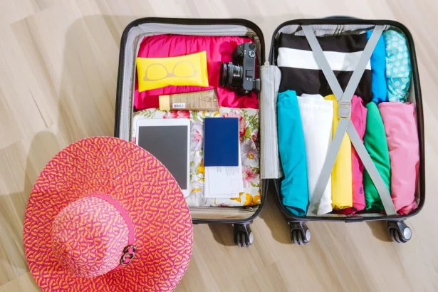 Top view of a suitcase packed with clothes, a camera, and a sun hat, ready for summer travel.
