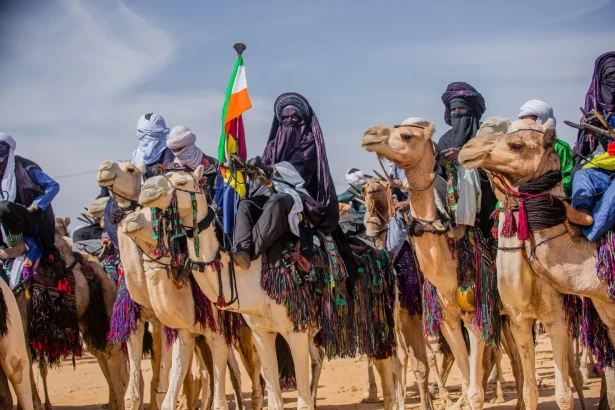 Tuareg men in traditional attire on camels with Niger flag in desert parade.