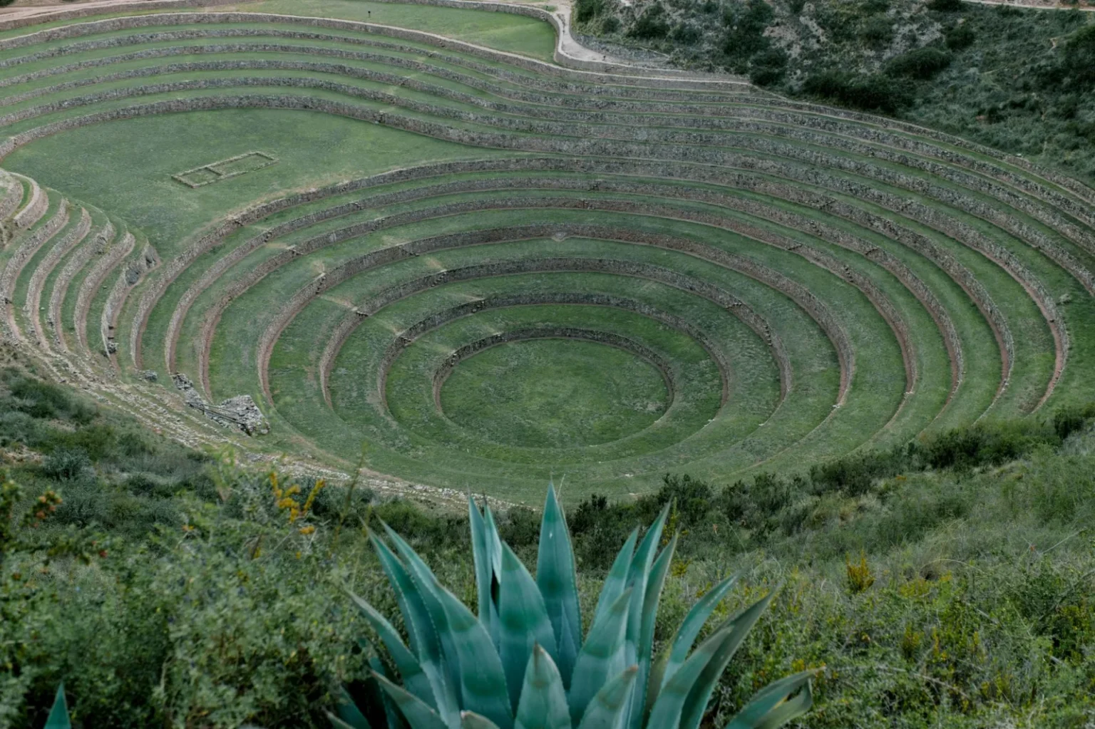Aerial view of ancient Incan agricultural terraces in Moray, Peru.